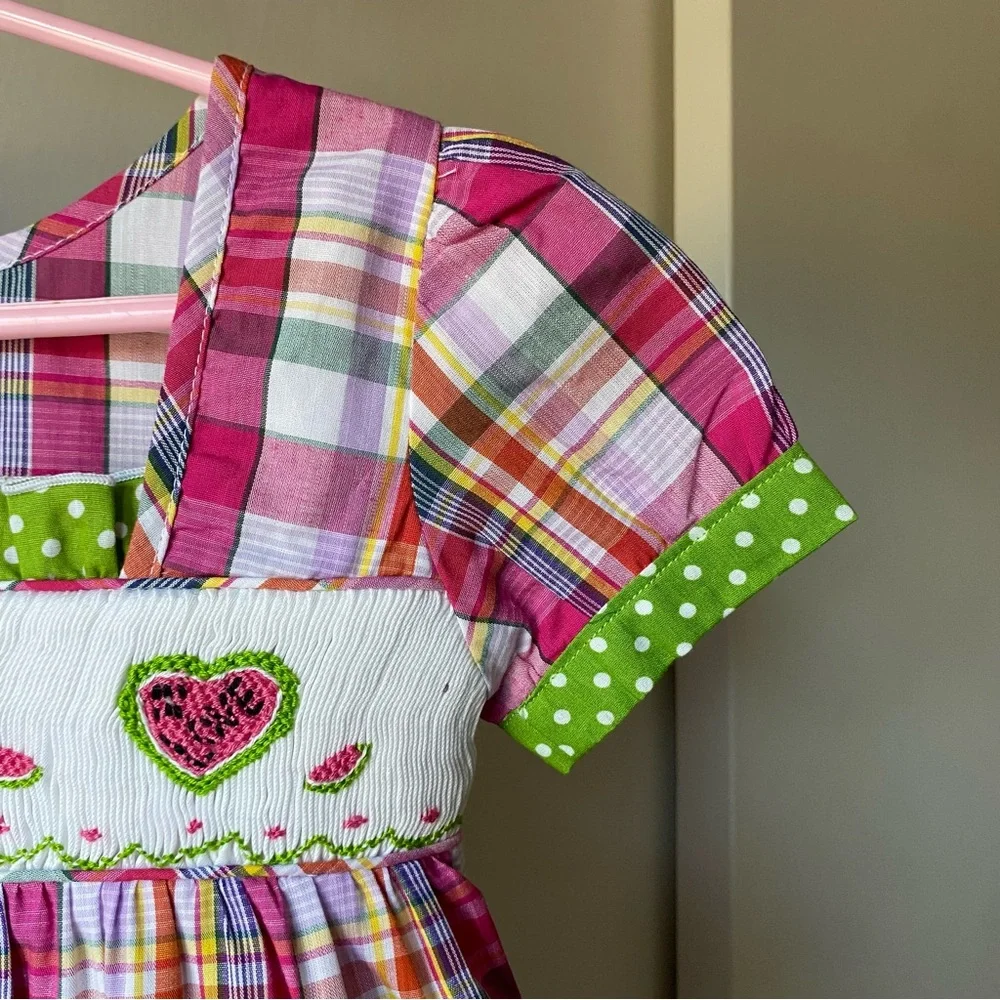 Smocked Dress 2T NWT New Pink Green Plaid Hearts Love 100% Cotton Polka Dots